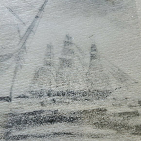 Framed Print Clipper Ships and Lighthouse Scene Pencil Drawing 12" x 14" Glass - Picture 3 of 8